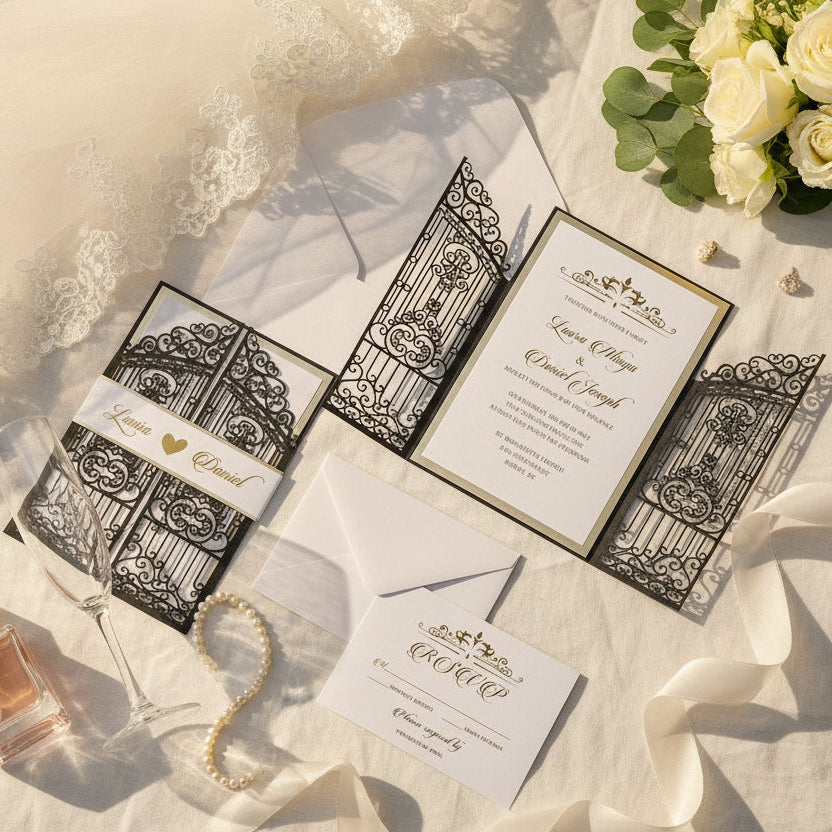 Iron Gate Lasercut Wedding Invite in Black Shimmer, with gold foiled belly band