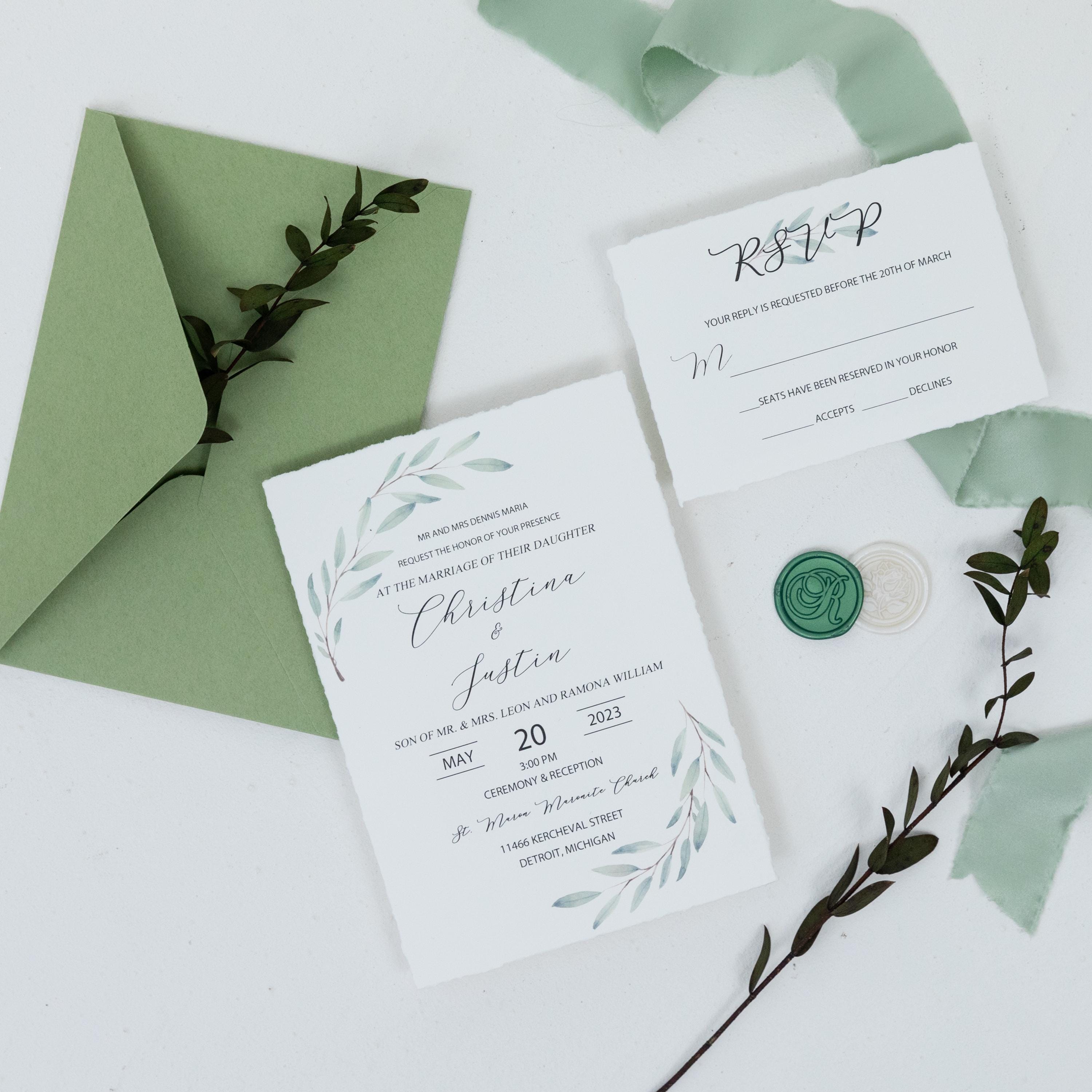 Deckle Edge Green Wedding Invitation and RSVP with Wax Seal | Botanical Wedding Invite
