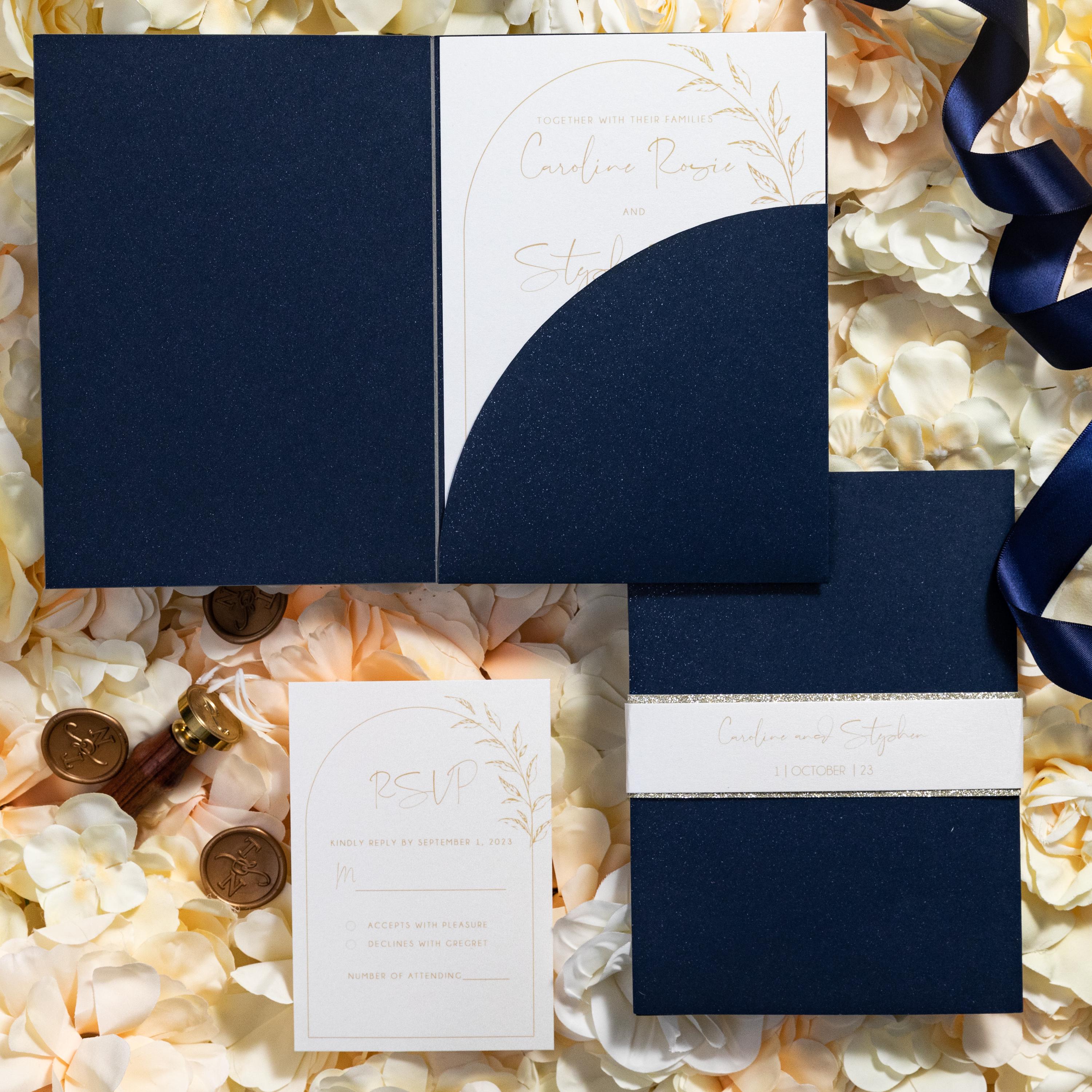 Pocketfold Wedding Invitation in Navy with pampas detailing & matching inserts