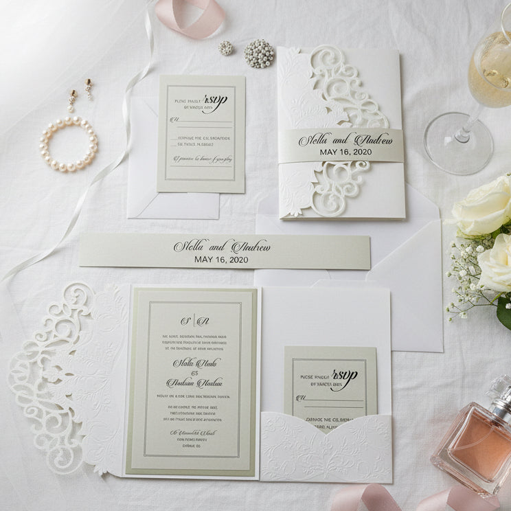 Laser Cut Wedding Invitation, Ivory Embossed Shimmer Card
