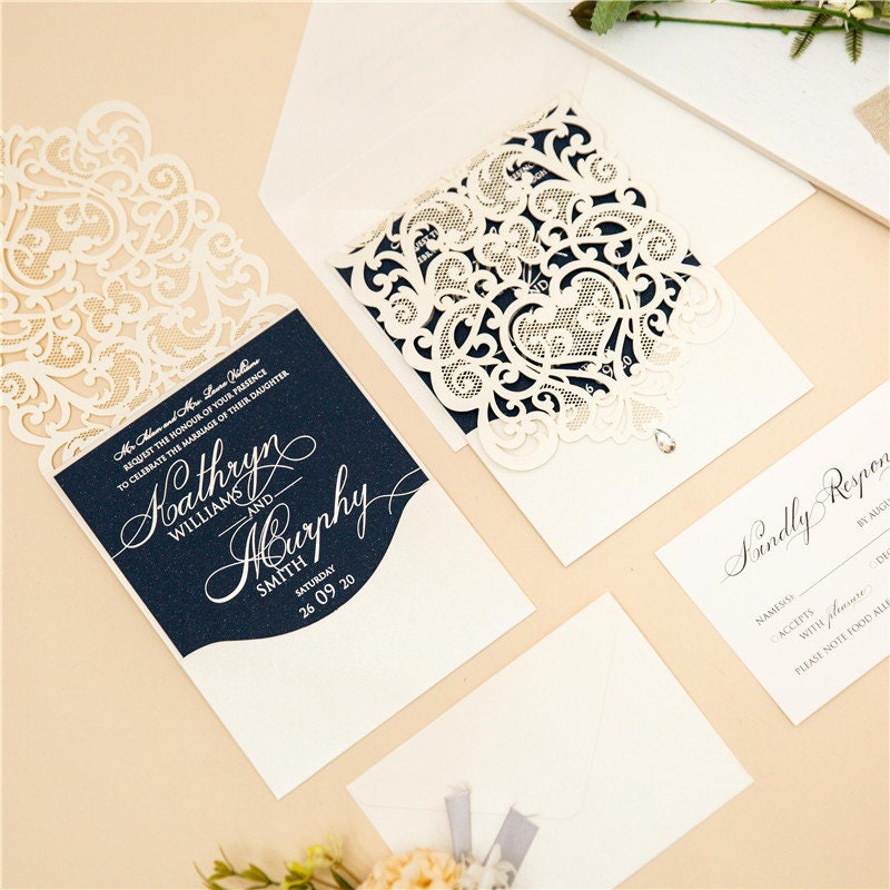 Ivory & Navy Lasercut Wedding Invite with Silver Foil Detailing