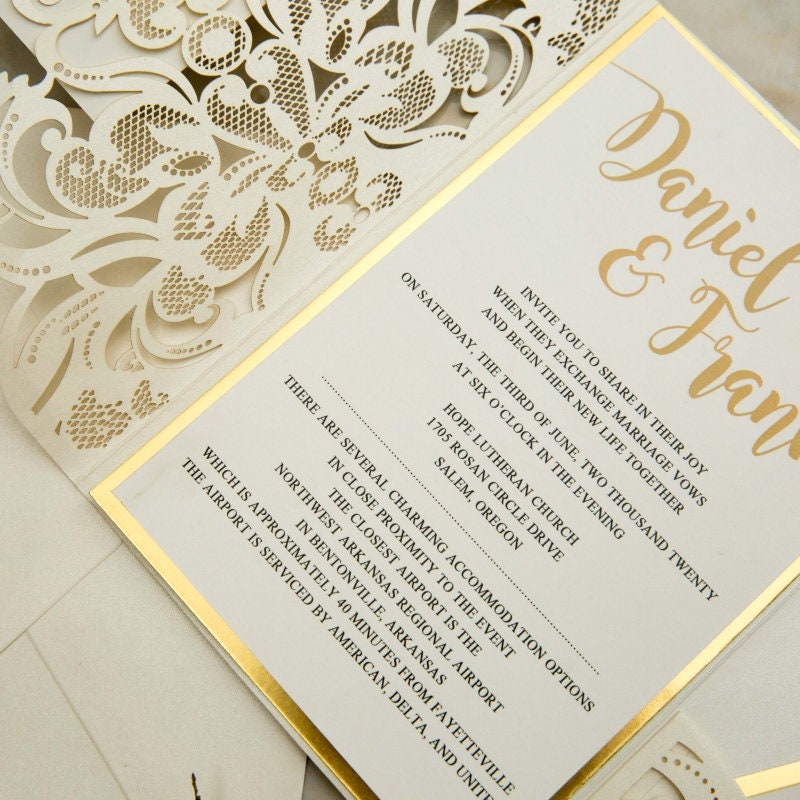 Laser Cut Wedding Invitation: Ivory Shimmer, Gold Mirror