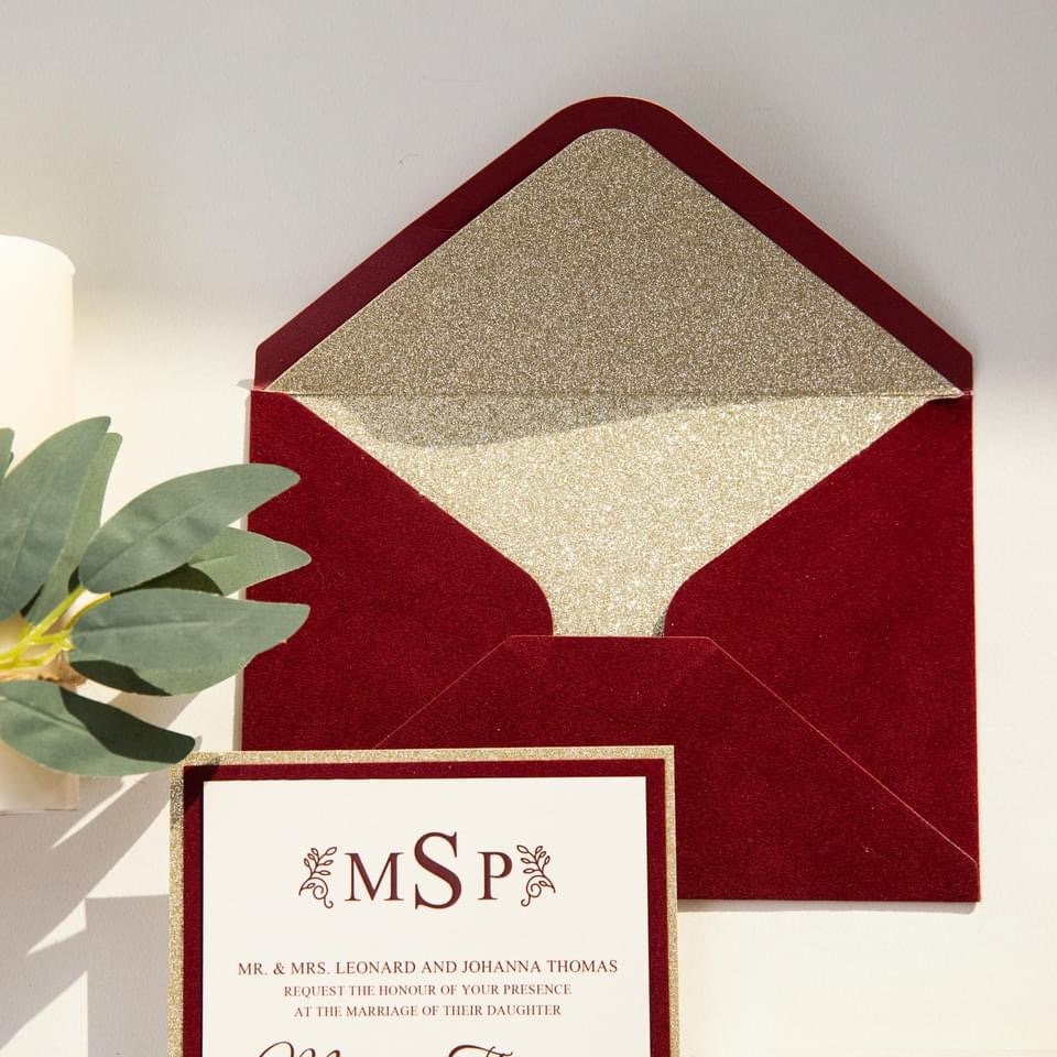 Christmas Red & Gold Glitter Velvet Wedding Invitation with Glitter Envelope Liner