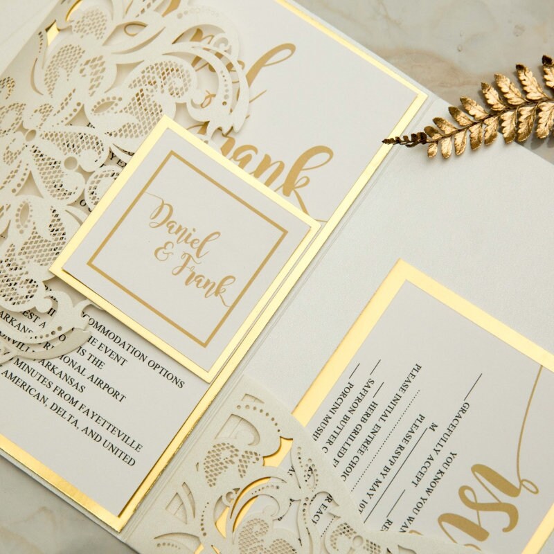 Laser Cut Wedding Invitation: Ivory Shimmer, Gold Mirror
