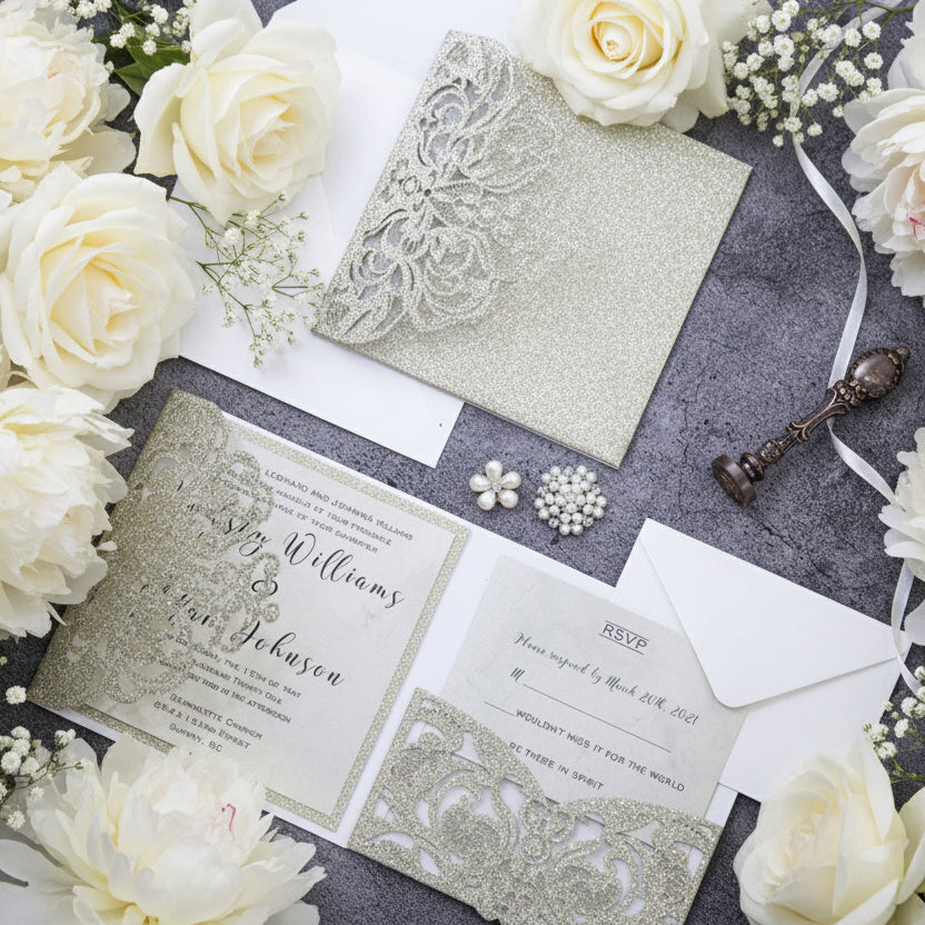 Champagne Gold Glitter Pocket fold Lasercut Wedding Invitation