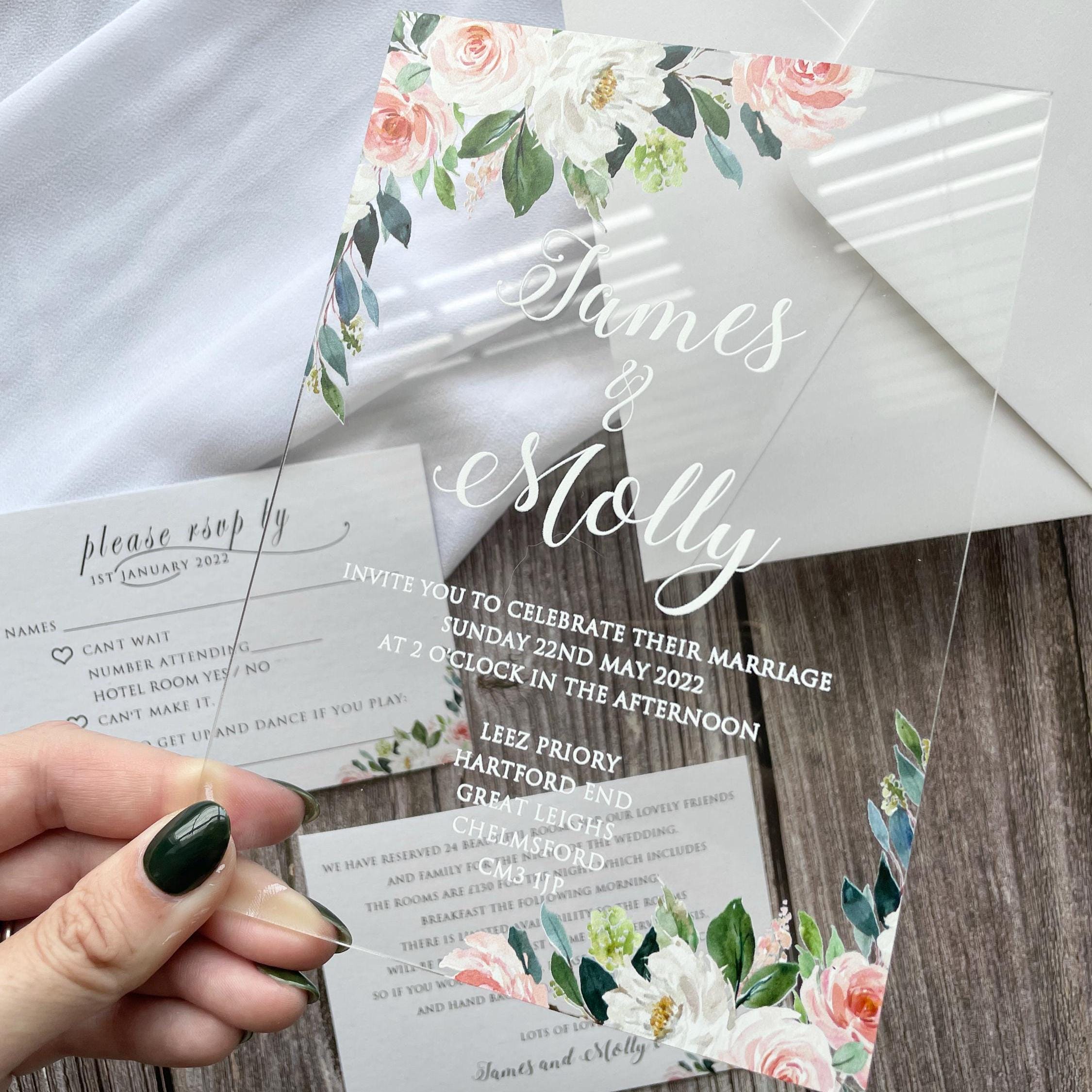 Floral Acrylic Wedding Invitation | Blush Pink, White, & Green