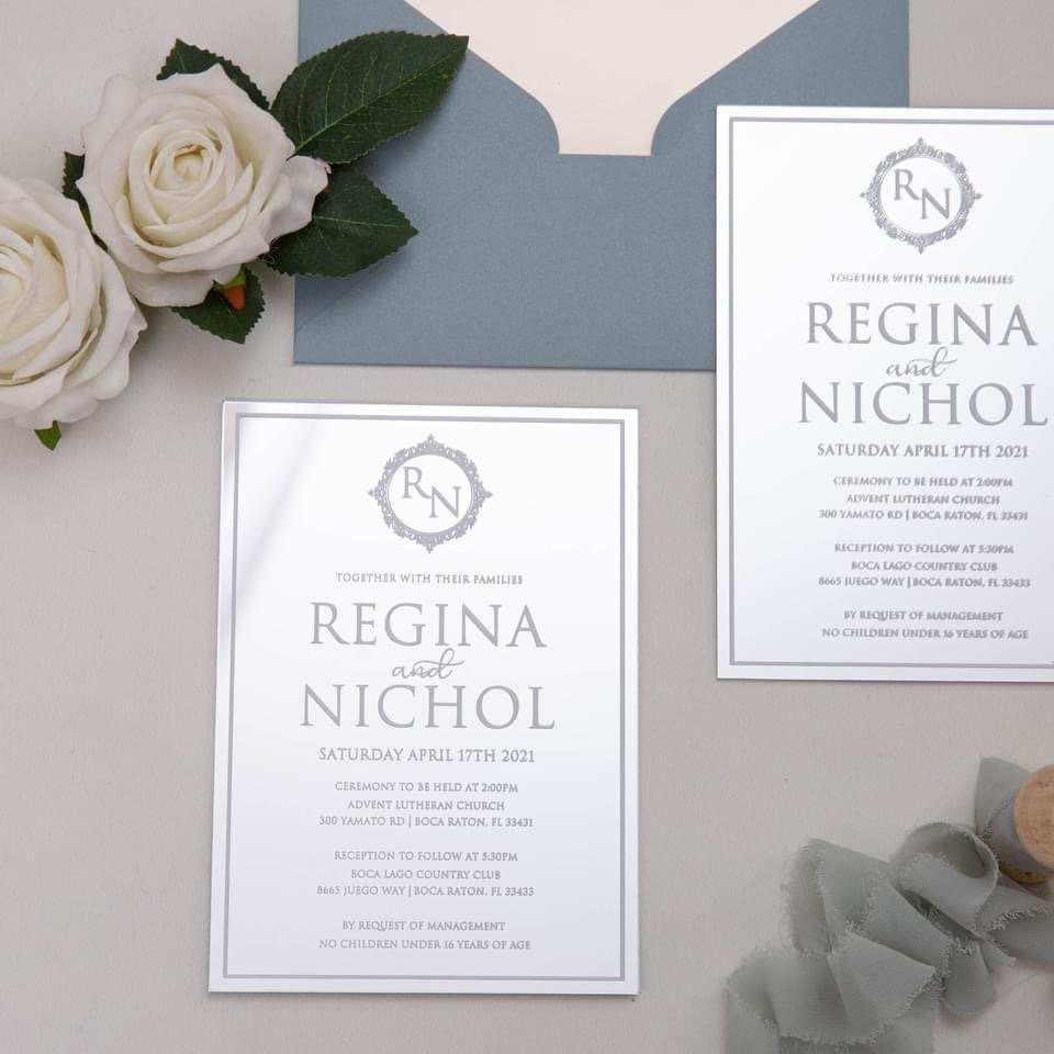 Silver Mirror Acrylic Wedding Invitation with Dusty Blue Envelope & Matte Champagne Envelope Liner