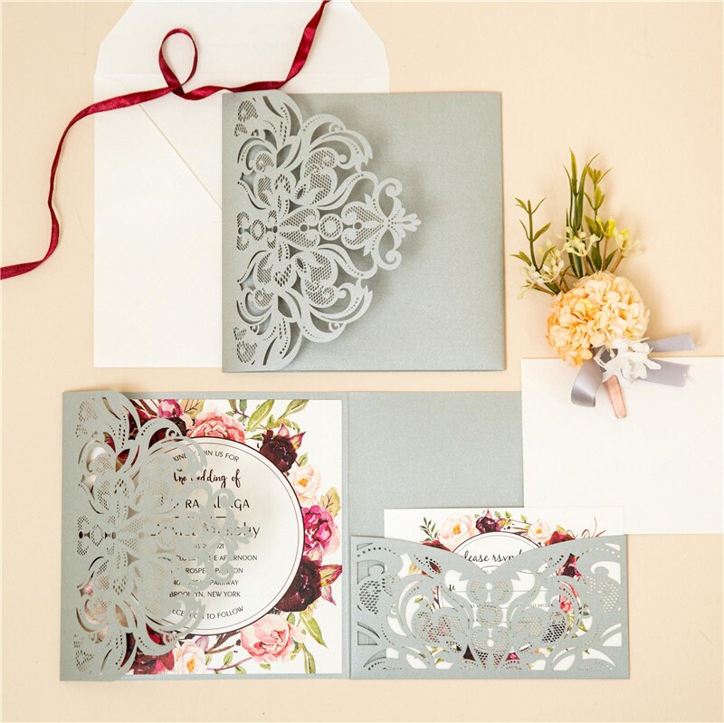 Silver Laser Cut Wedding Invitation with Floral Design