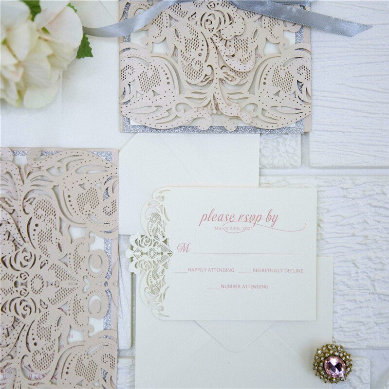 Laser Cut Blush Wedding Invitation with Silver Glitter