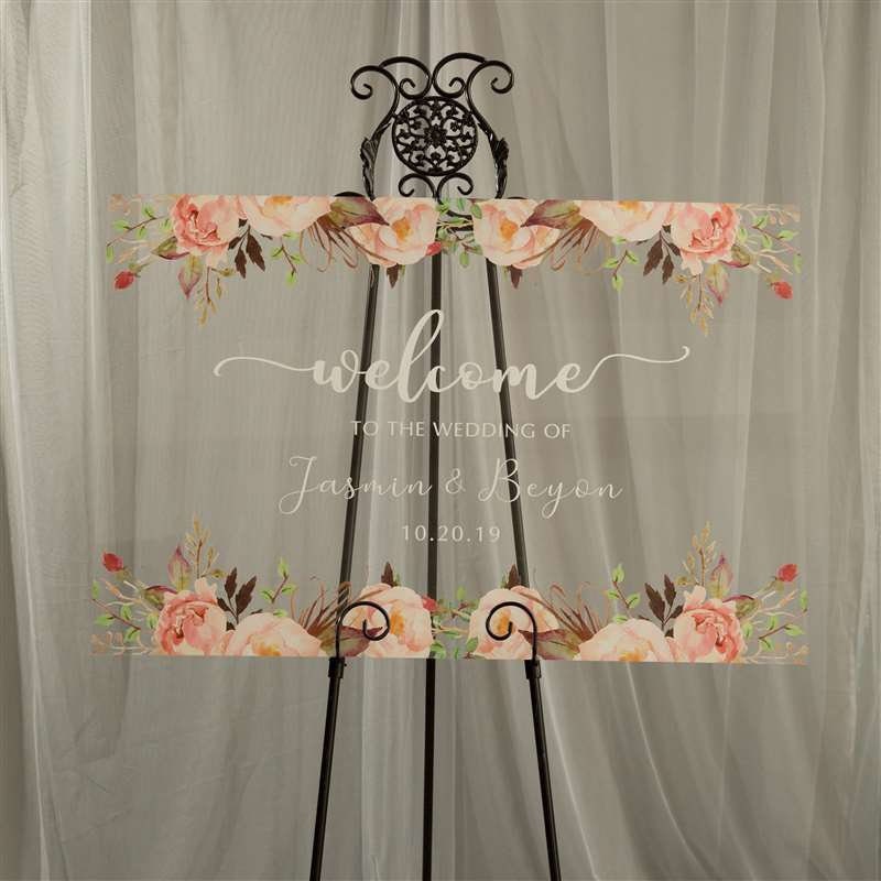 Floral Acrylic Wedding Welcome Sign, Personalized Calligraphy