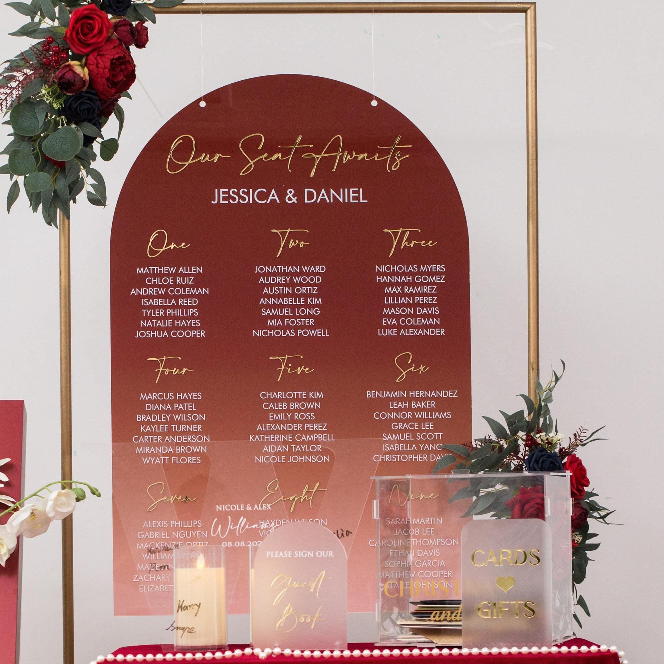 Burgundy Red Ombre Acrylic Wedding Table Plan with Gold Acrylic Mirror Lettering