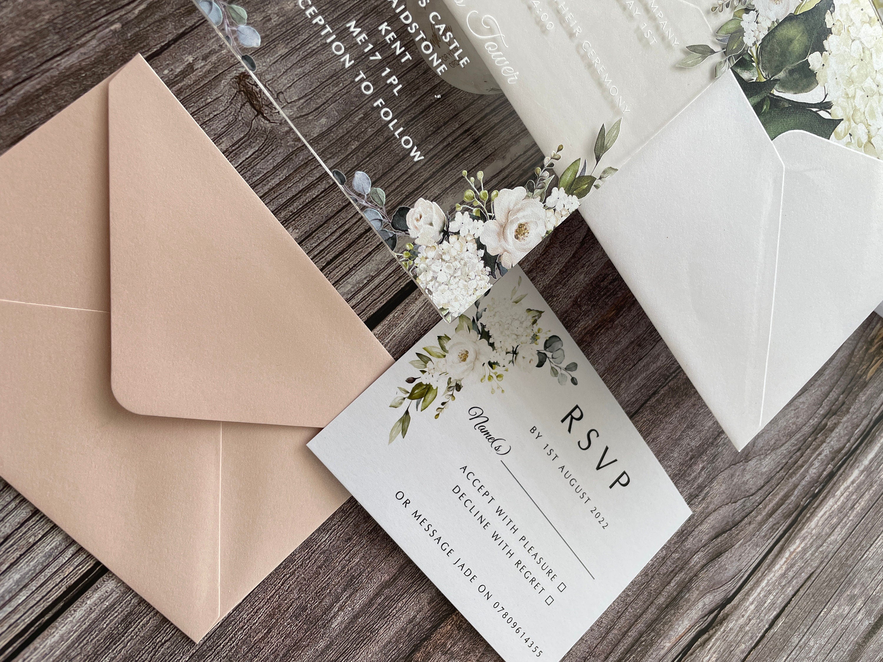 Clear Acrylic White Roses & Foliage Wedding Invite