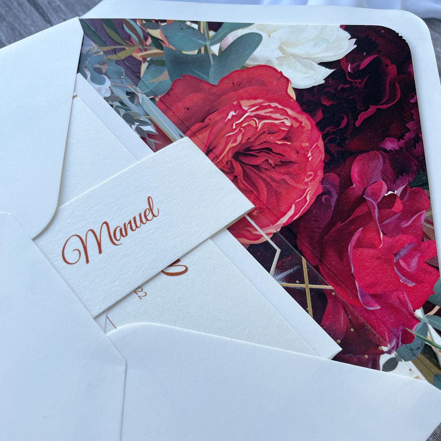 Floral Clear Acrylic Wedding Invitation Suite | Burgundy, Orange & Red