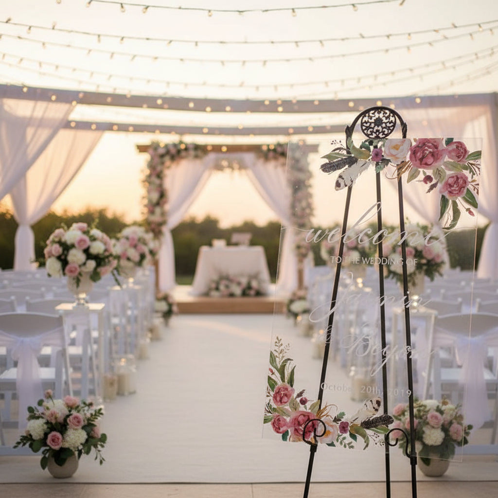 Floral Feather Acrylic Wedding Welcome Sign, Personalised Calligraphy