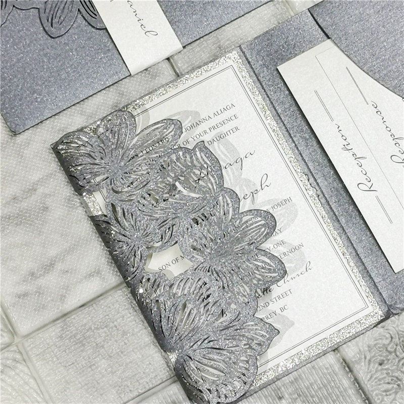 Laser Cut Wedding Invitation in Silver Grey Shimmer