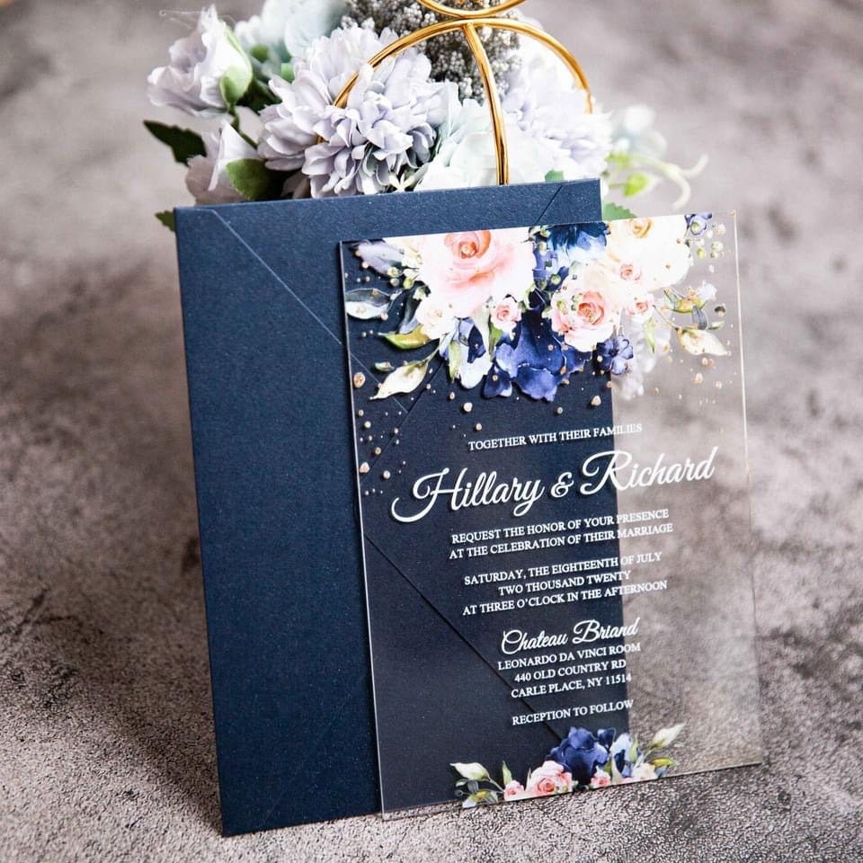 Navy & Blush Floral Acrylic Wedding Invitation