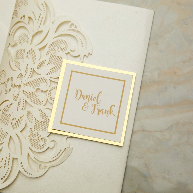 Laser Cut Wedding Invitation: Ivory Shimmer, Gold Mirror