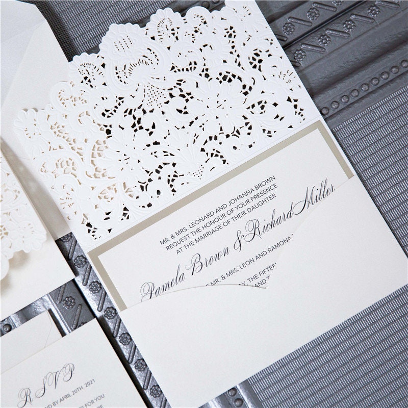 Laser Cut Wedding Invitation, Ivory Embossed Design