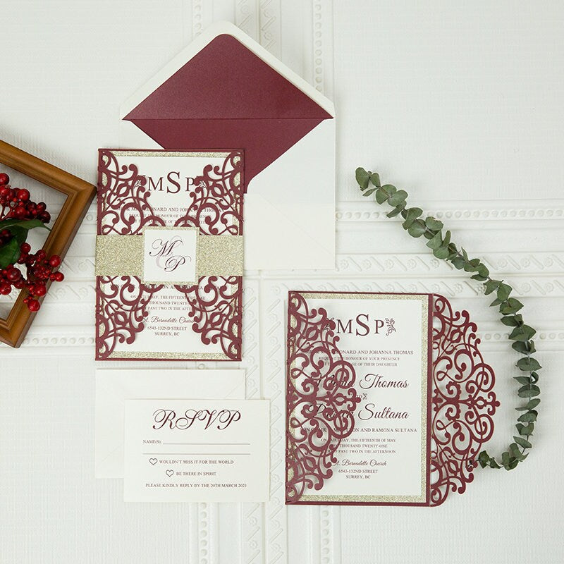 Burgundy Laser Cut Wedding Invitation, Gold Glitter Belly Band