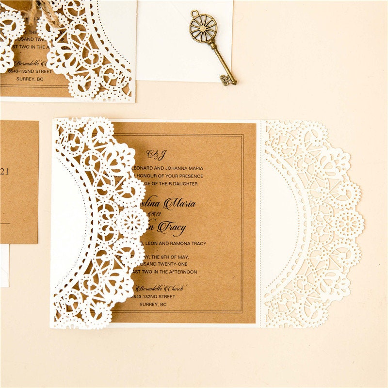Laser Cut Wedding Invitation: Rustic Kraft & Ivory Shimmer