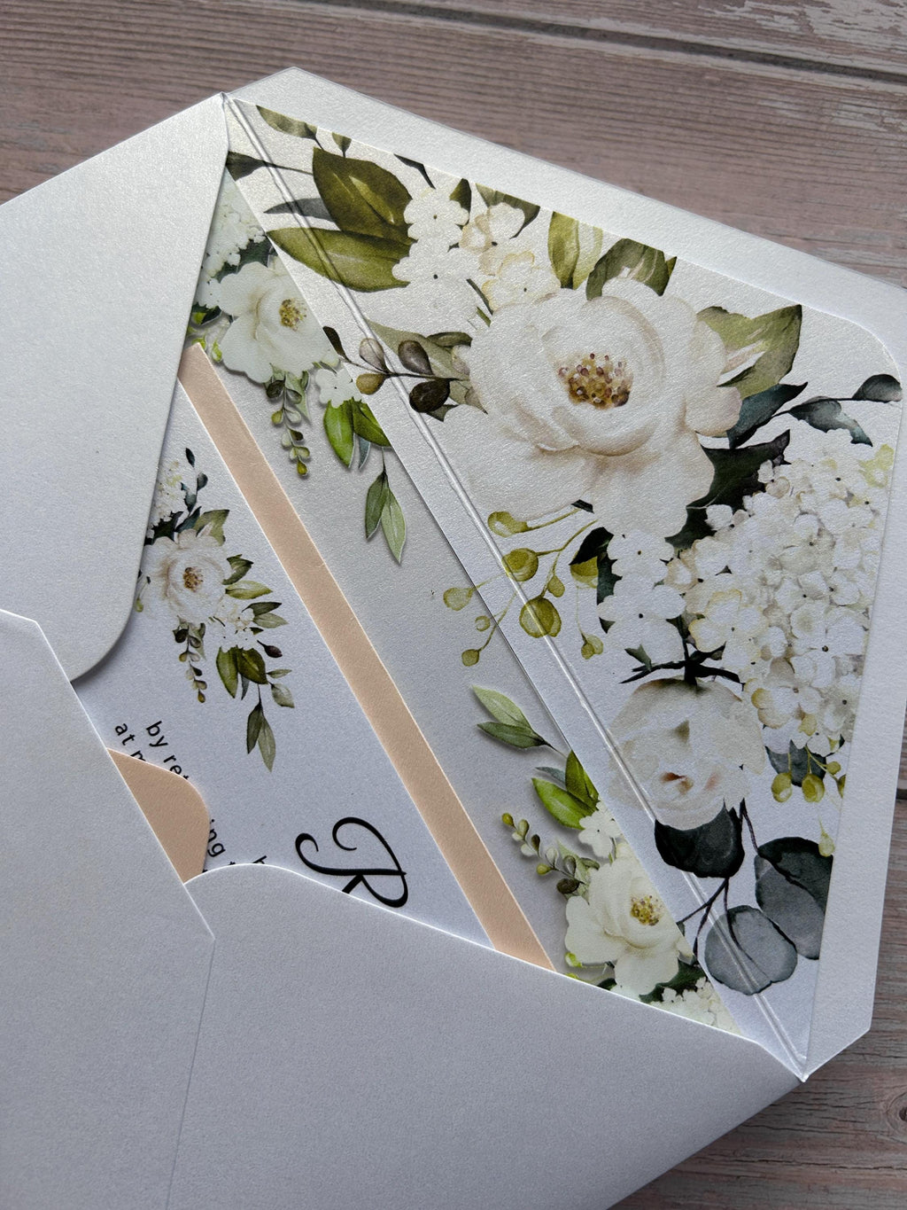 Clear Acrylic White Roses & Foliage Wedding Invite