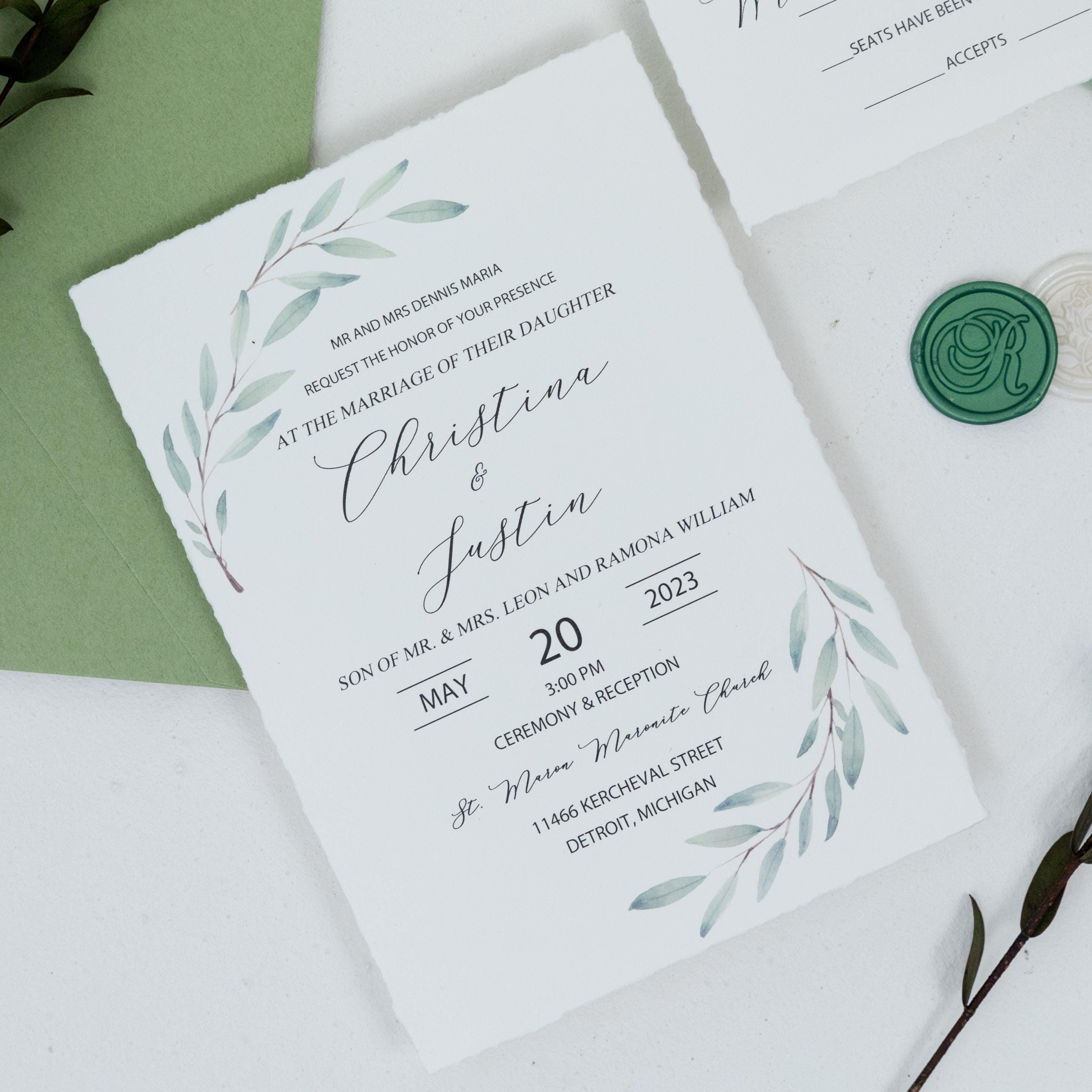 Deckle Edge Green Wedding Invitation and RSVP with Wax Seal | Botanical Wedding Invite