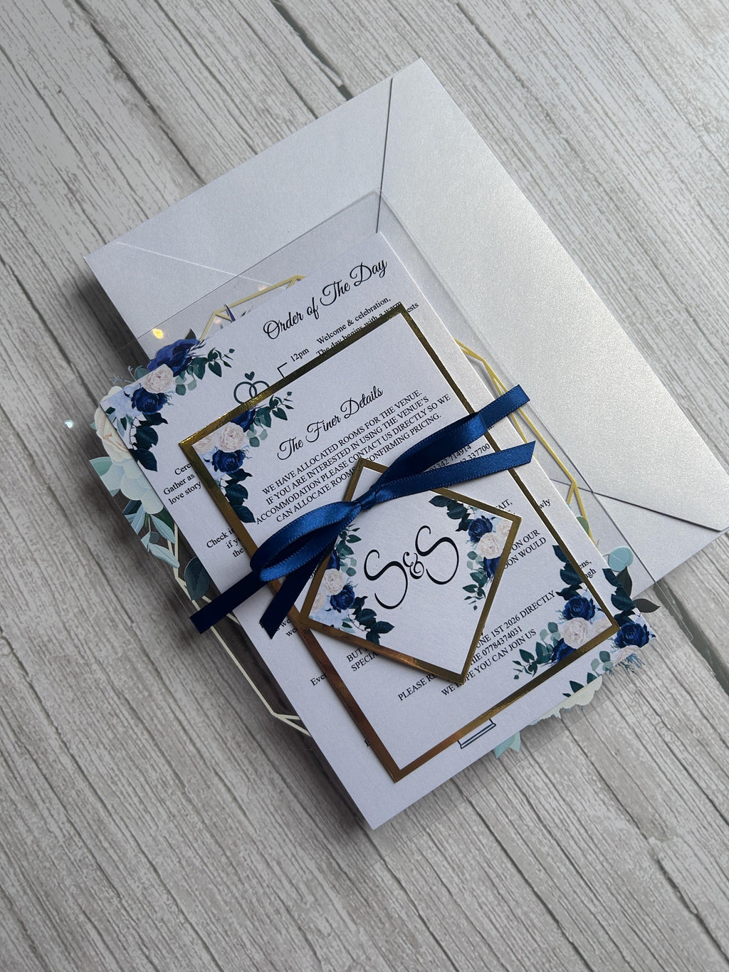 Clear Acrylic Wedding Invitation Suite, Navy & Ivory Floral Invite with Gold Geometric Frame, Luxury Modern Wedding Invitations