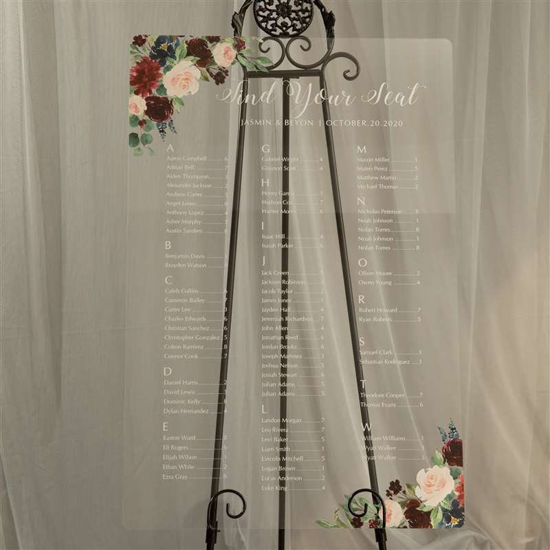 Floral Acrylic Wedding Seating Chart, Clear Table Plan