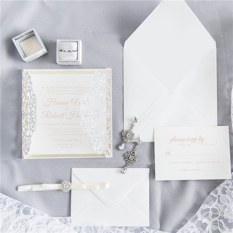 Silver Glitter Gatefold Lasercut Wedding Invitation with Diamanté Detail Embellishment & Ivory Ribbon