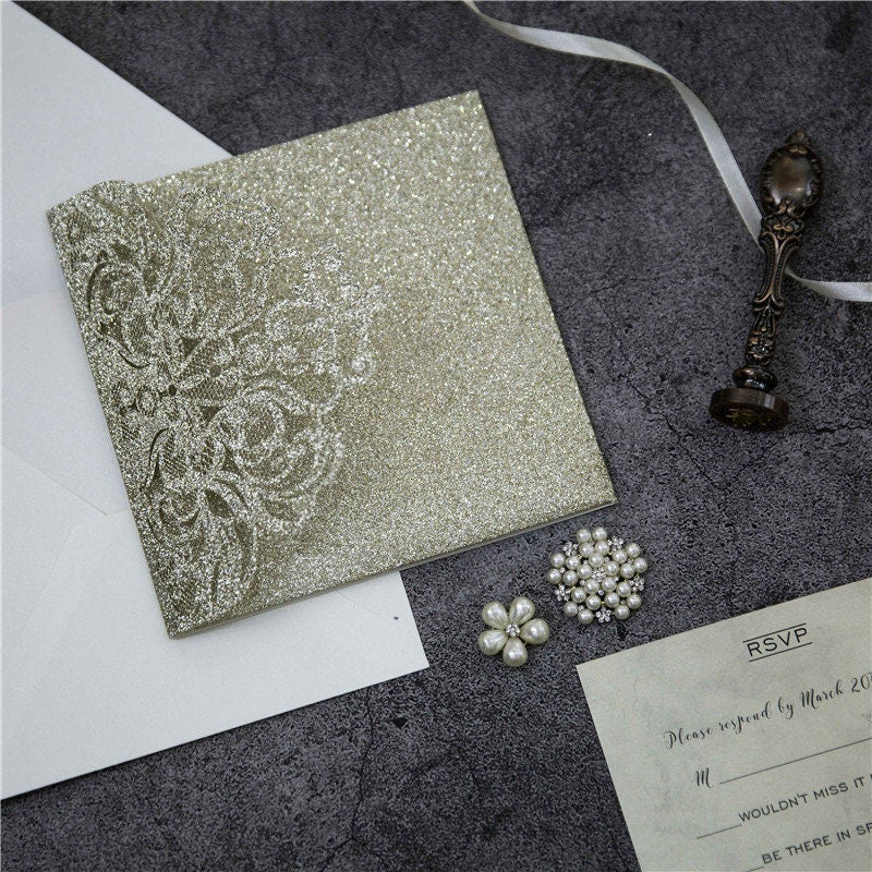 Champagne Gold Glitter Pocket fold Lasercut Wedding Invitation