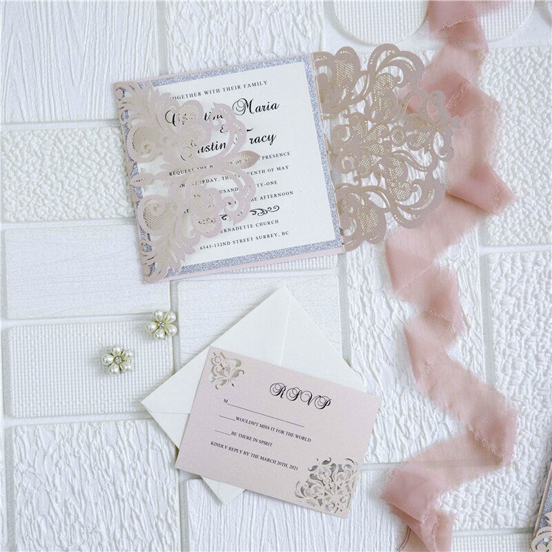 Blush Pink Laser Cut Wedding Invitation with Silver Glitter