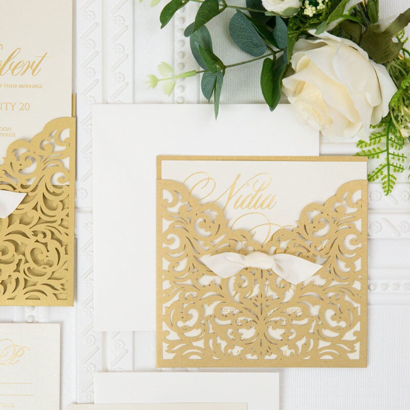 Gold Pocket Wedding Invitation with Gold Foiling Detailing and Ivory Ribbon Finish