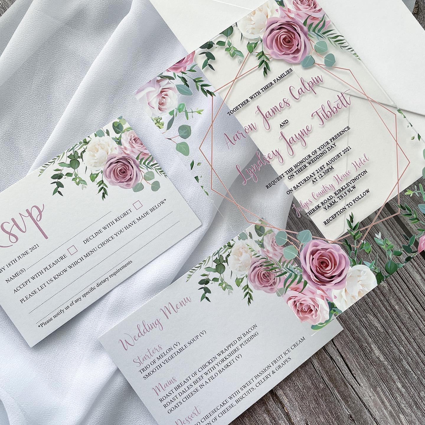 Floral Acrylic Wedding Invitation | Blush Pink, Shimmer Envelope