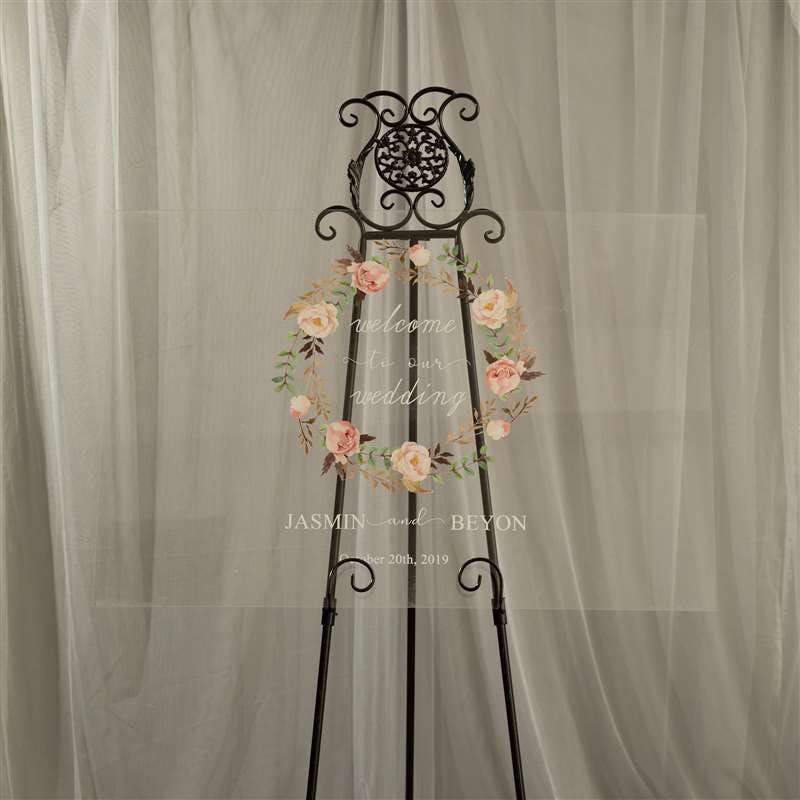 Floral Wreath Acrylic Wedding Welcome Sign, Personalized Calligraphy