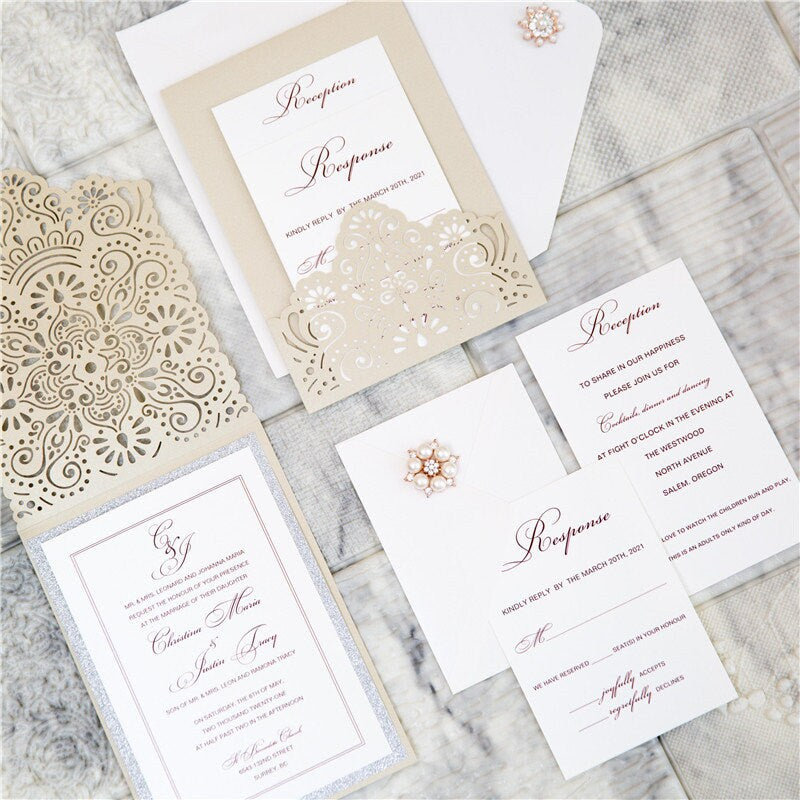 Champagne Gold Pocket Lasercut Wedding Invite / Wedding Invitation