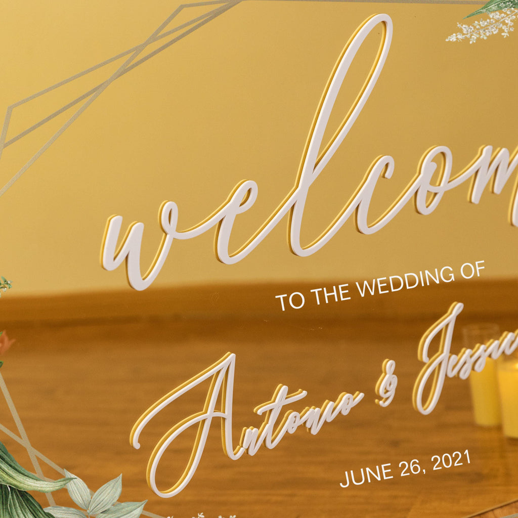 Geometric Foliage Wedding Welcome Sign, Gold Mirror Acrylic, 3D White Writing