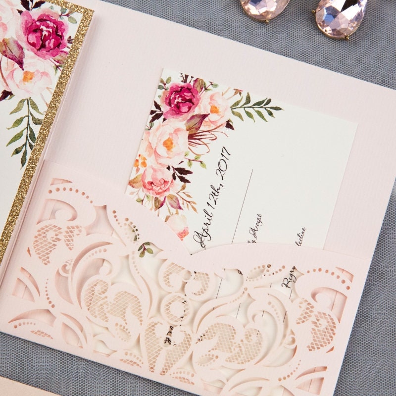 Rose Gold Glitter Floral Laser Cut Wedding Invitation Suite