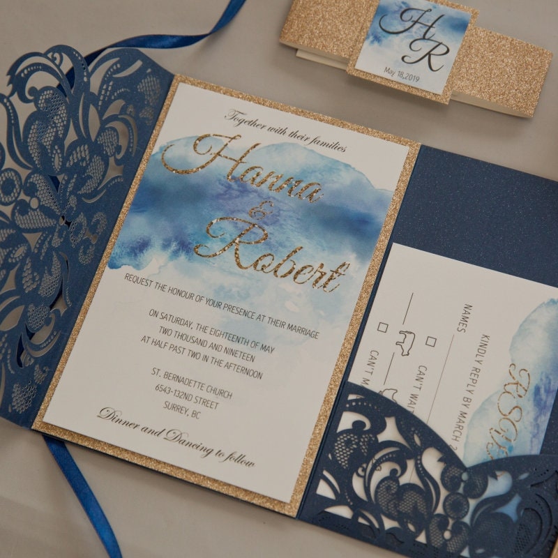 Navy Laser Cut Wedding Invitation, Watercolour & Gold Glitter