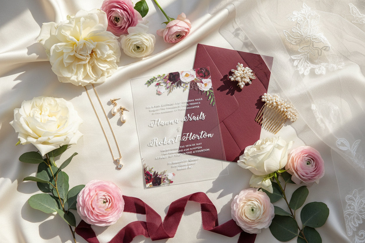 Acrylic Wedding Invitation: Clear Perspex with Burgundy Floral Design