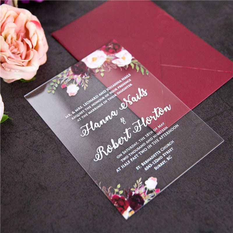 Acrylic Wedding Invitation: Clear Perspex with Burgundy Floral Design