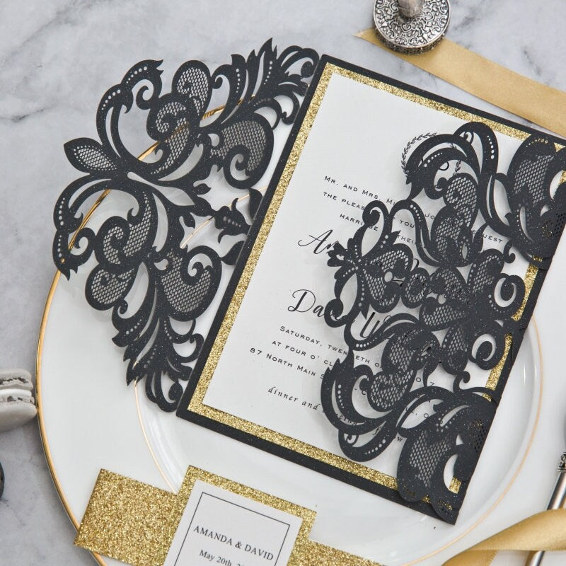 Black Laser Cut Wedding Invitation with Gold Glitter Accent