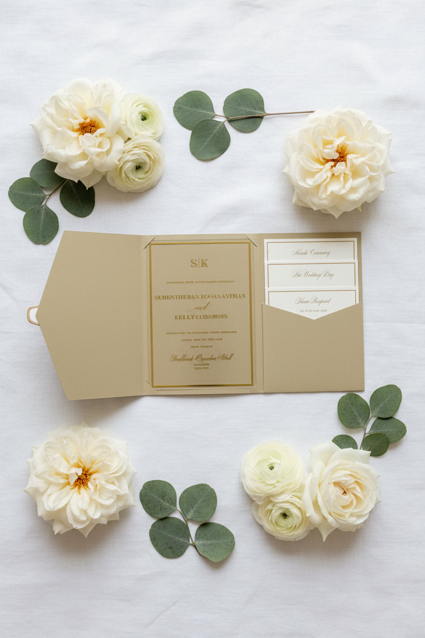 Luxury Gold Foiled Acrylic Pocketfold Wedding Invitation Suite with Stacked Inserts