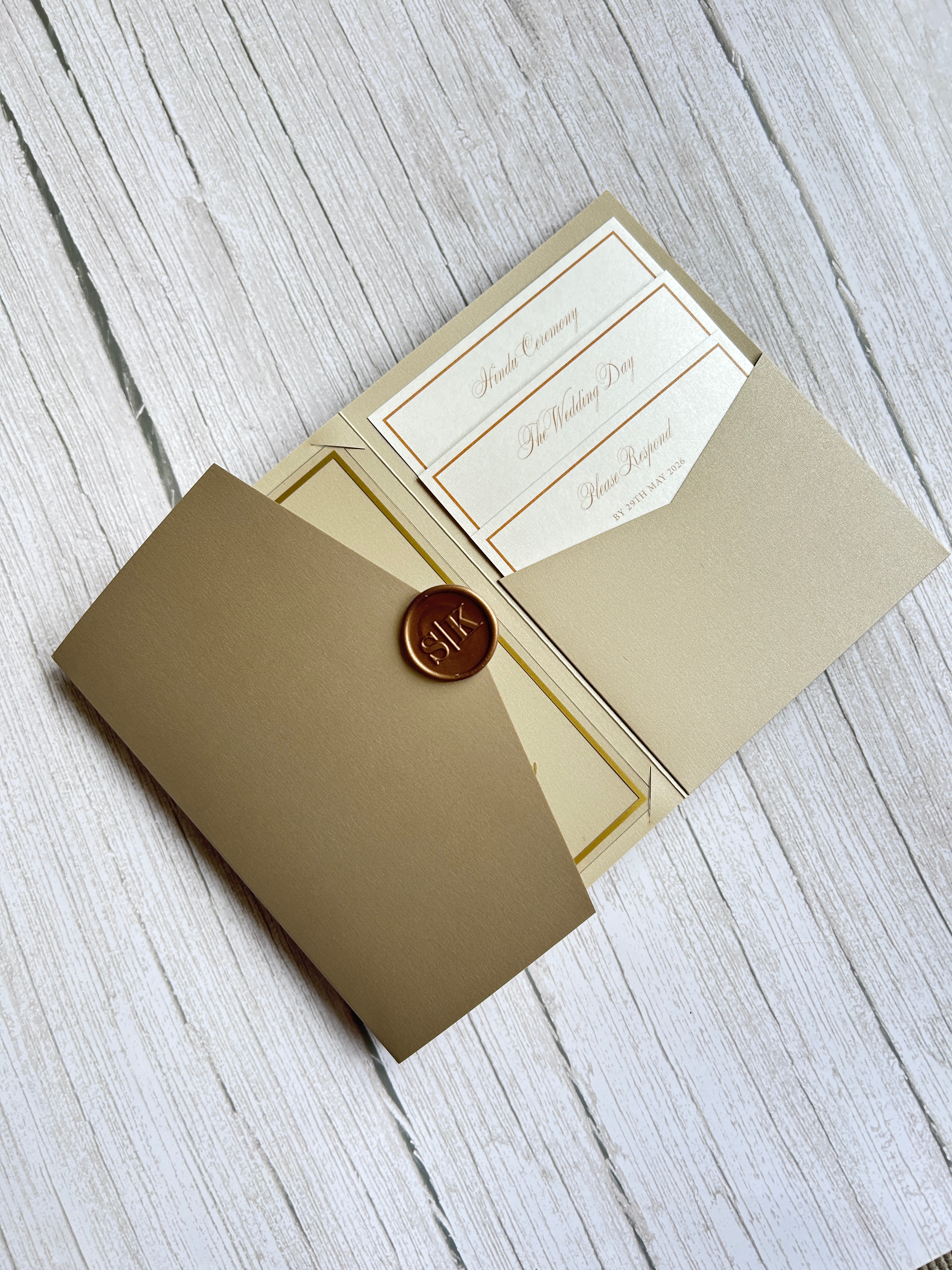 Luxury Gold Foiled Acrylic Pocketfold Wedding Invitation Suite with Stacked Inserts