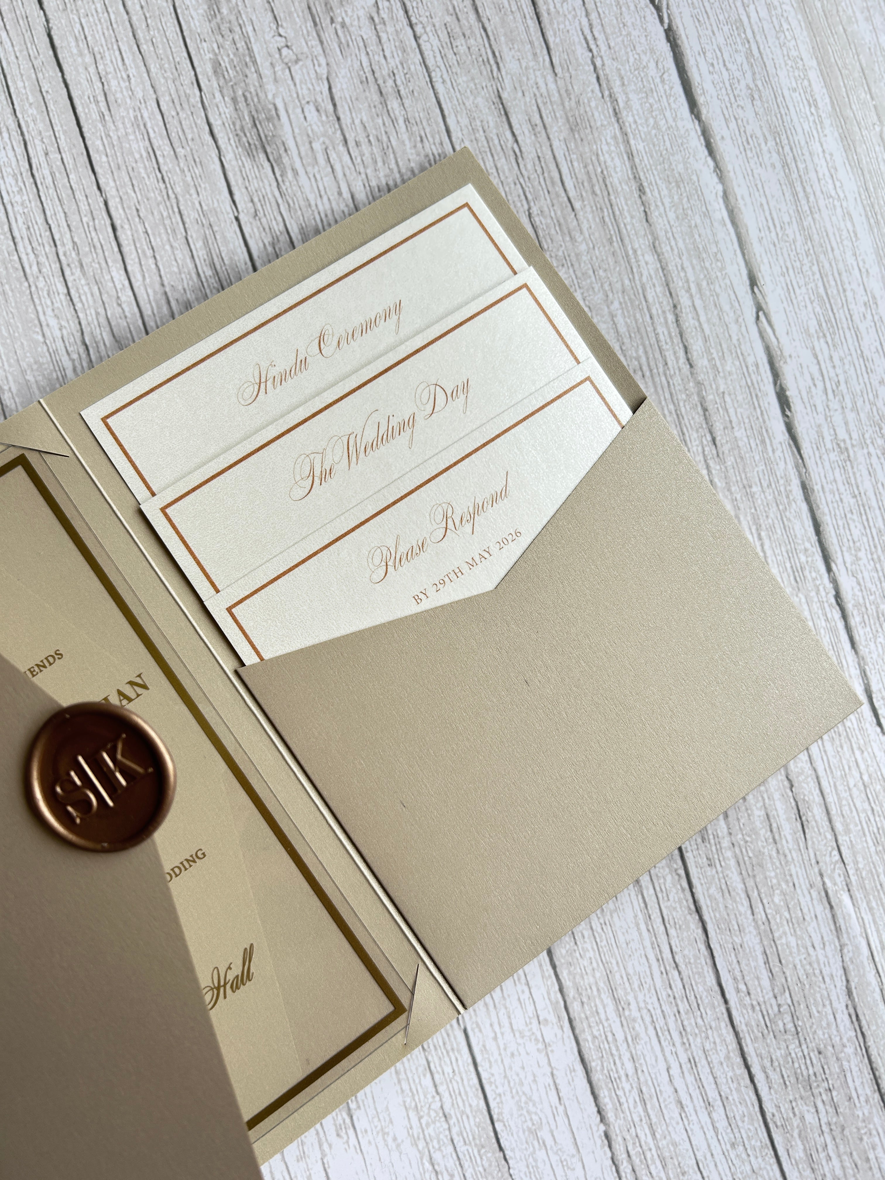 Luxury Gold Foiled Acrylic Pocketfold Wedding Invitation Suite with Stacked Inserts