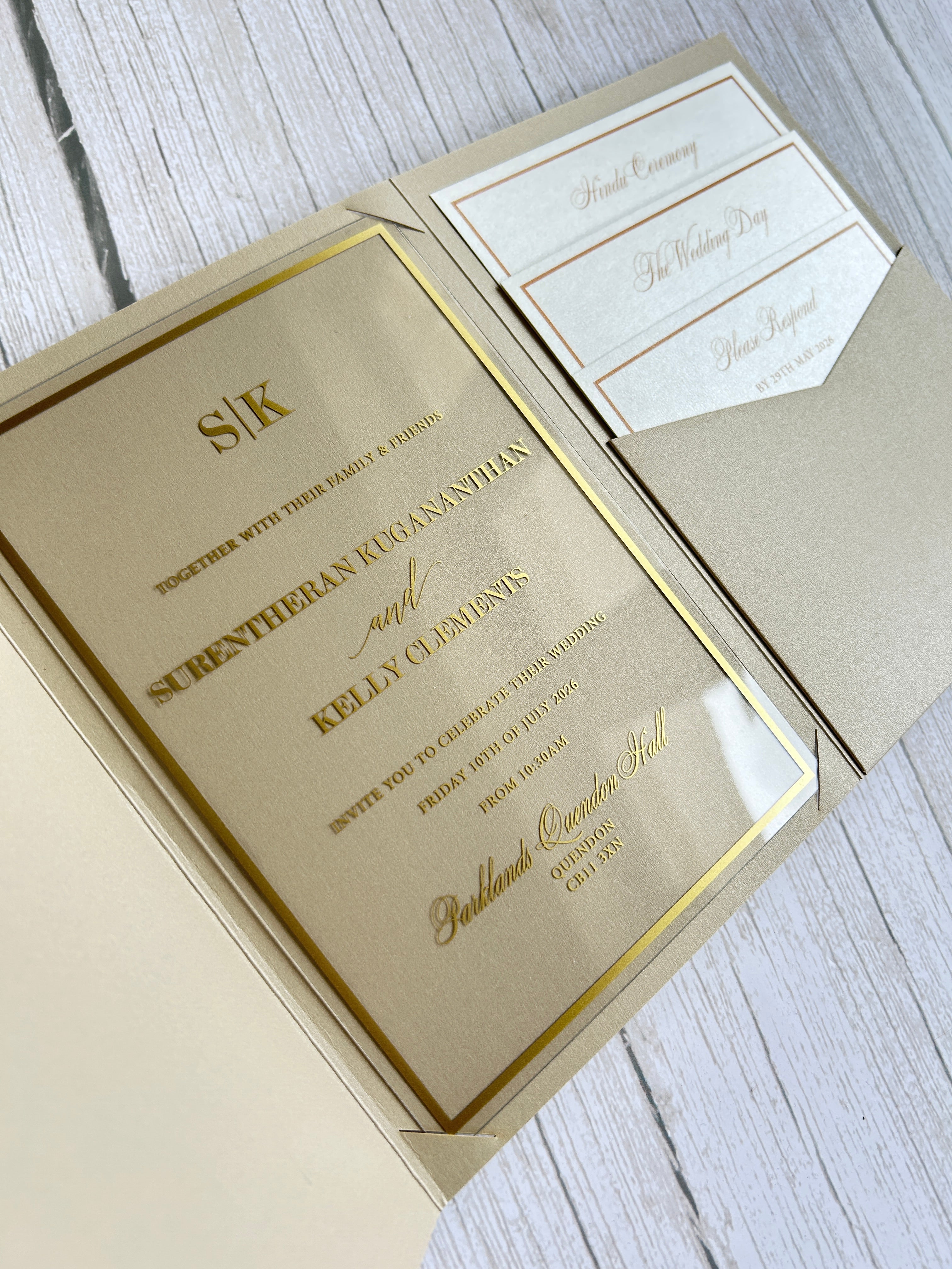 Luxury Gold Foiled Acrylic Pocketfold Wedding Invitation Suite with Stacked Inserts