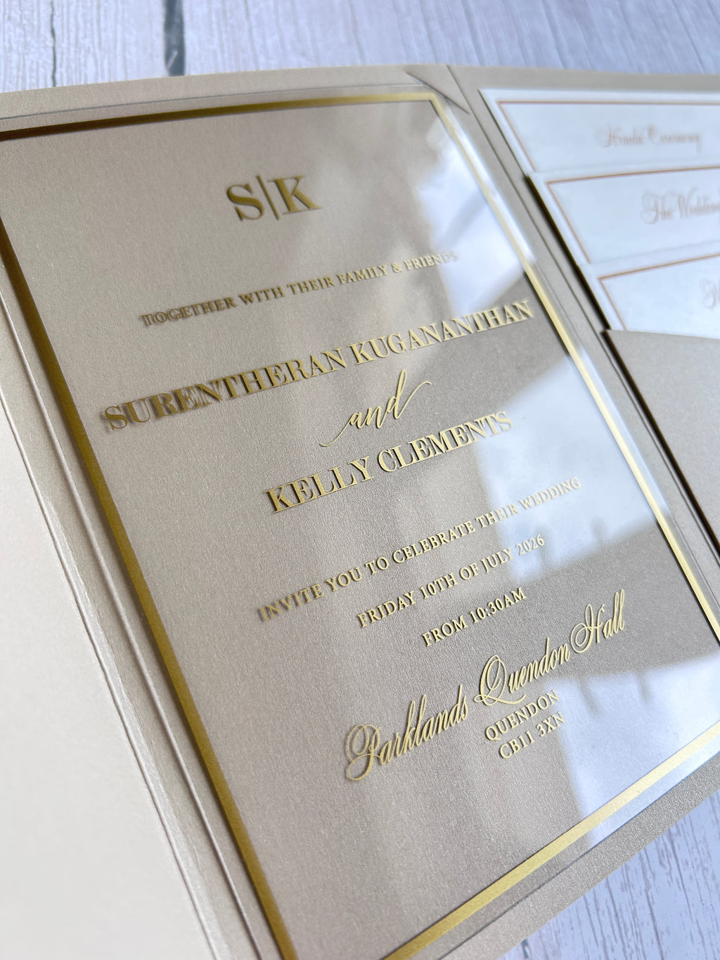 Luxury Gold Foiled Acrylic Pocketfold Wedding Invitation Suite with Stacked Inserts