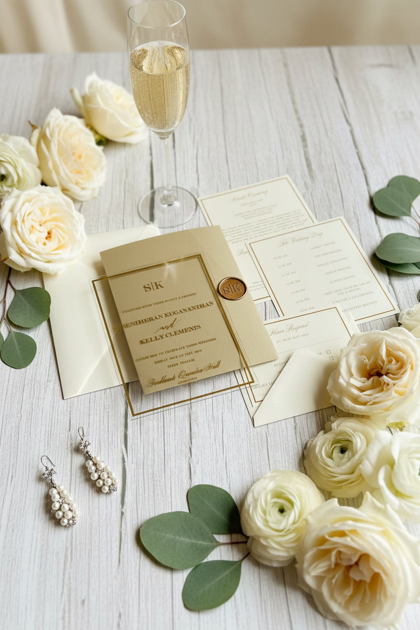 Luxury Gold Foiled Acrylic Pocketfold Wedding Invitation Suite with Stacked Inserts