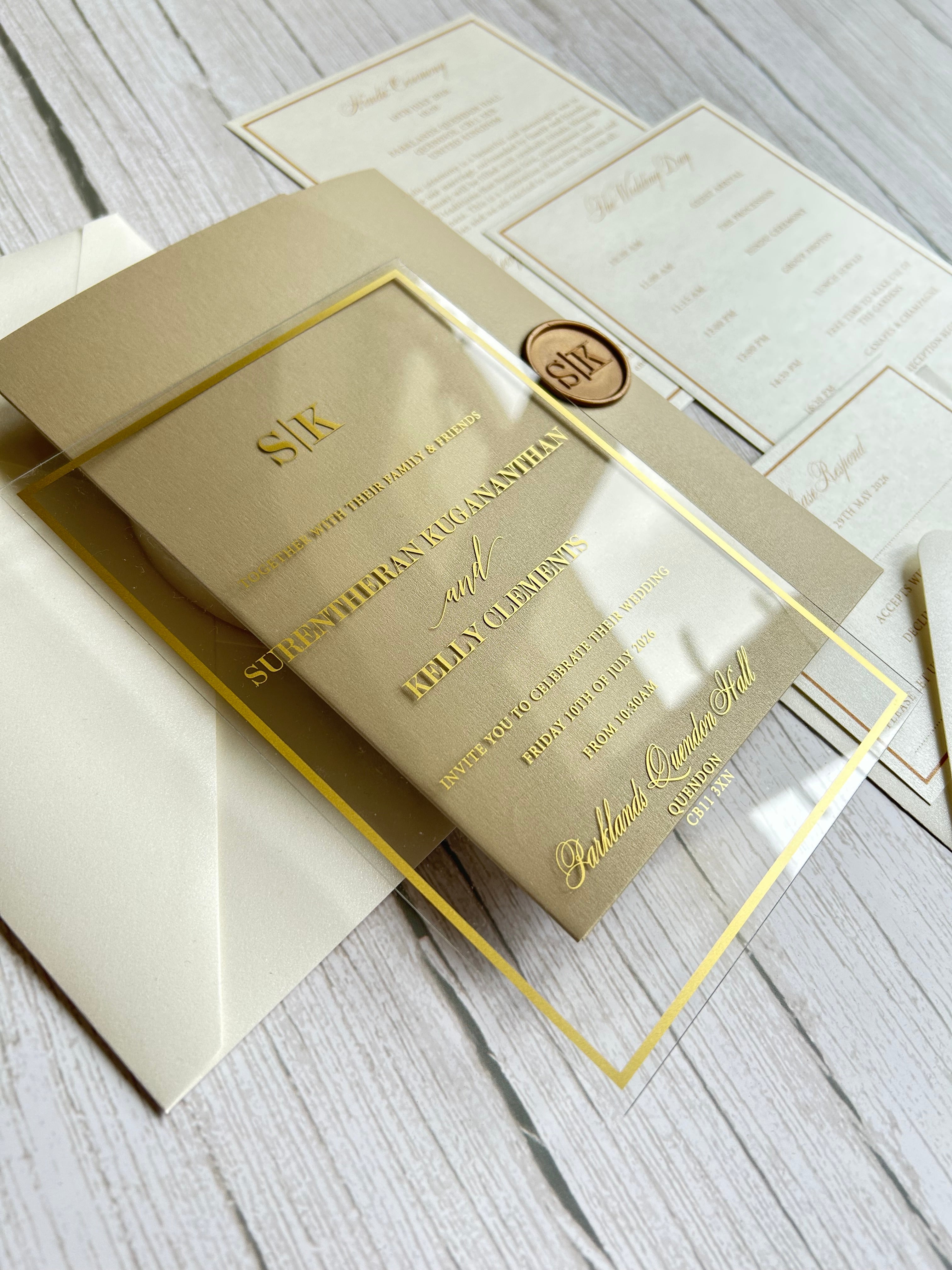 Luxury Gold Foiled Acrylic Pocketfold Wedding Invitation Suite with Stacked Inserts