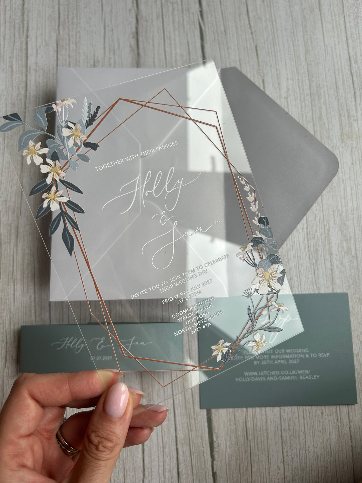 Dusty Blue Boho Geometric Acrylic Wedding Invitation