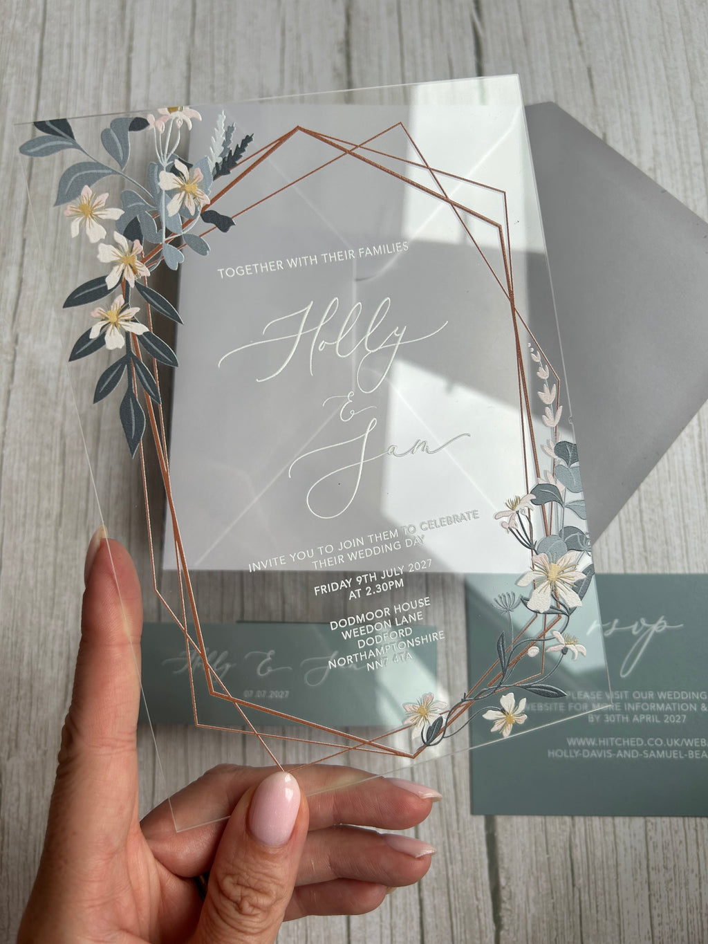 Dusty Blue Boho Geometric Acrylic Wedding Invitation